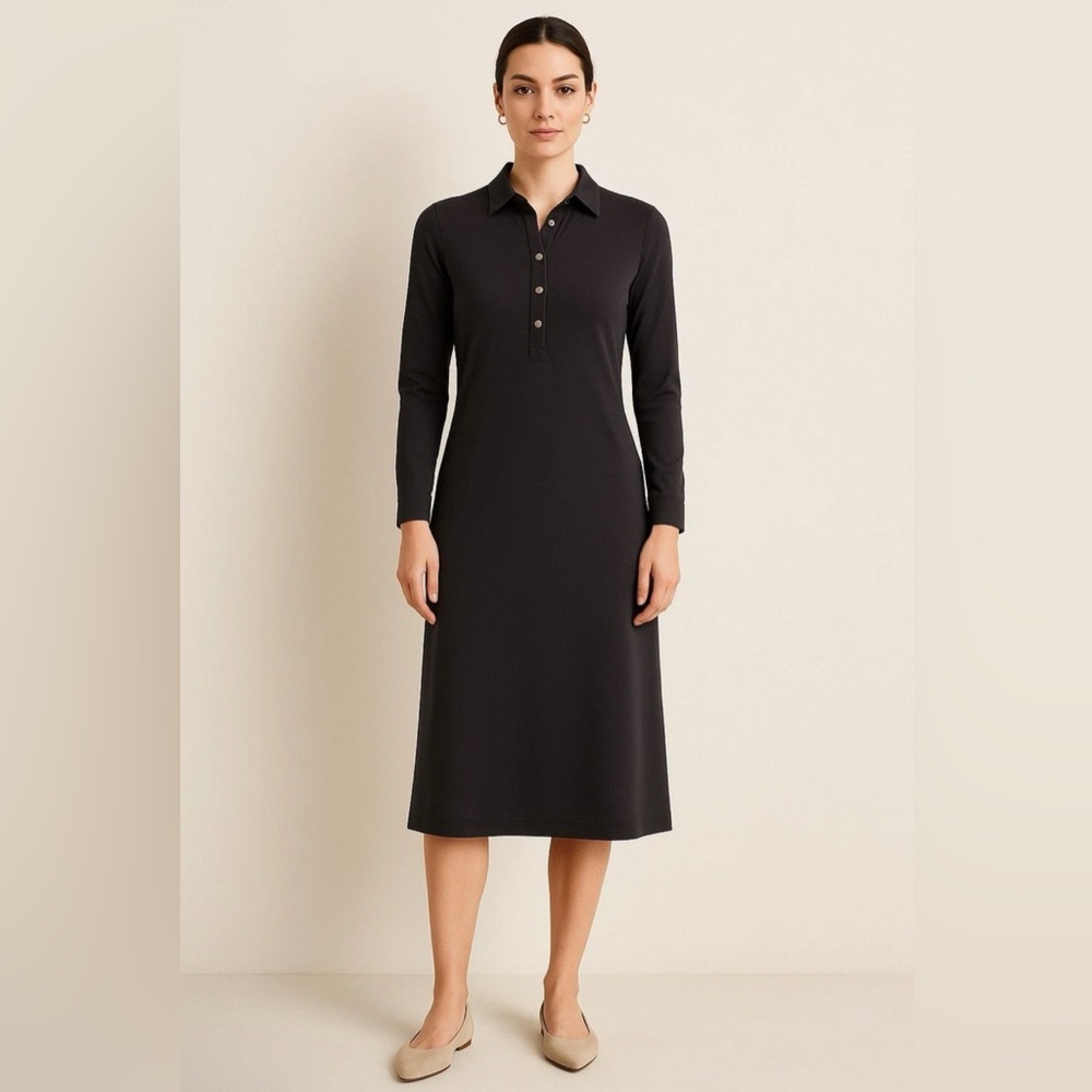 J. McLaughlin Black Catalina Cloth Button Front Dress Large L Long Sleeve